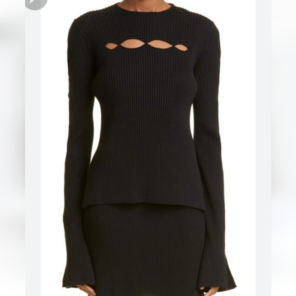 Mach & Mach Black Wavy Cut Out Long Sleeve Rib Knit Pullover Top